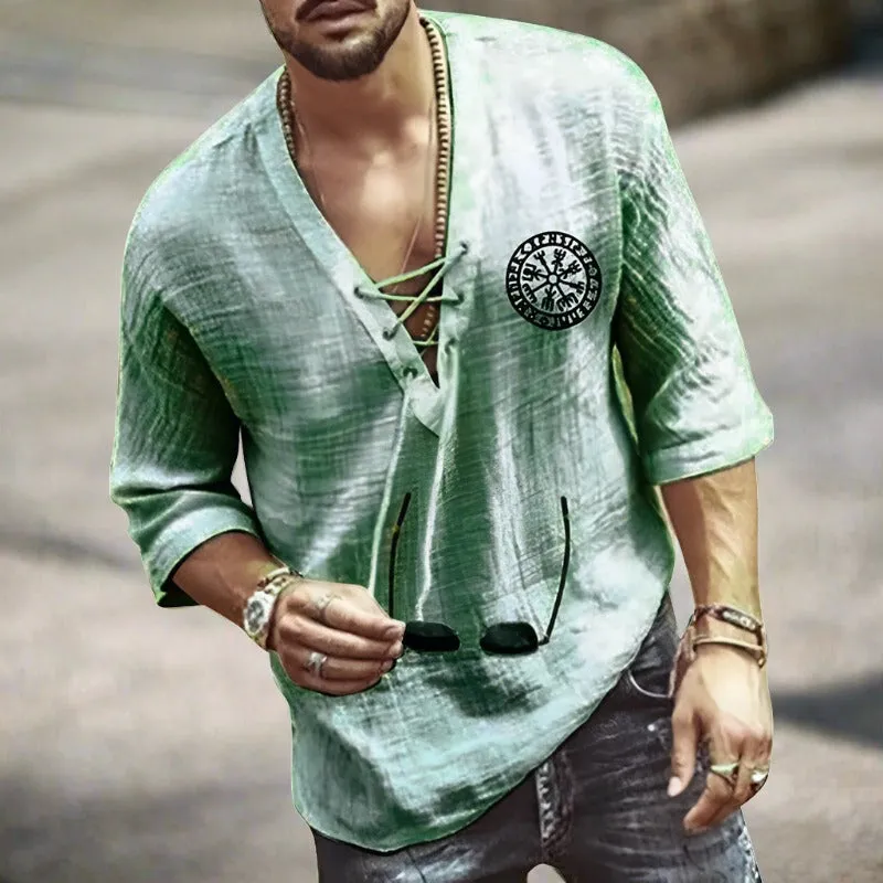 Mens Linen Shirt - Relaxed Fit - V-Neck Lace-Up - Three-Quarter Sleeve Casual Wear