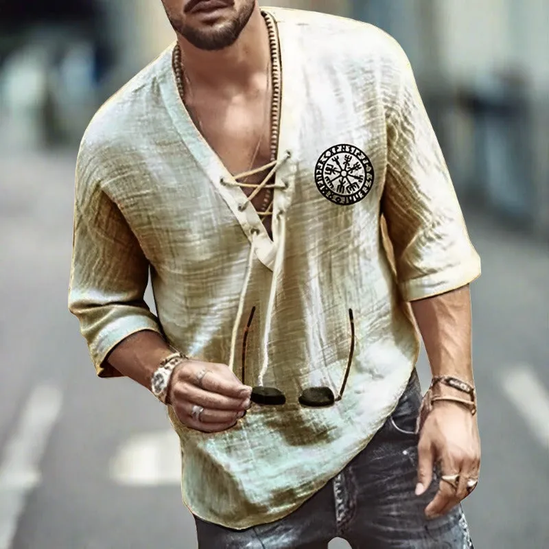 Mens Linen Shirt - Relaxed Fit - V-Neck Lace-Up - Three-Quarter Sleeve Casual Wear