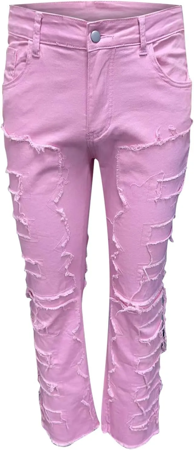 Men's Ripped Distressed Destroyed Straight Fit Skinny Stretchy Slim Fit Stacked Hip Hop Trousers Fashion Streetwear