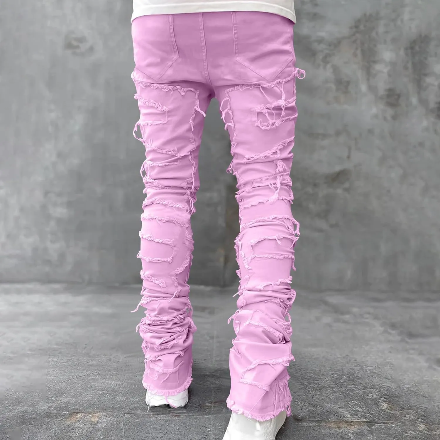 Men's Ripped Distressed Destroyed Straight Fit Skinny Stretchy Slim Fit Stacked Hip Hop Trousers Fashion Streetwear