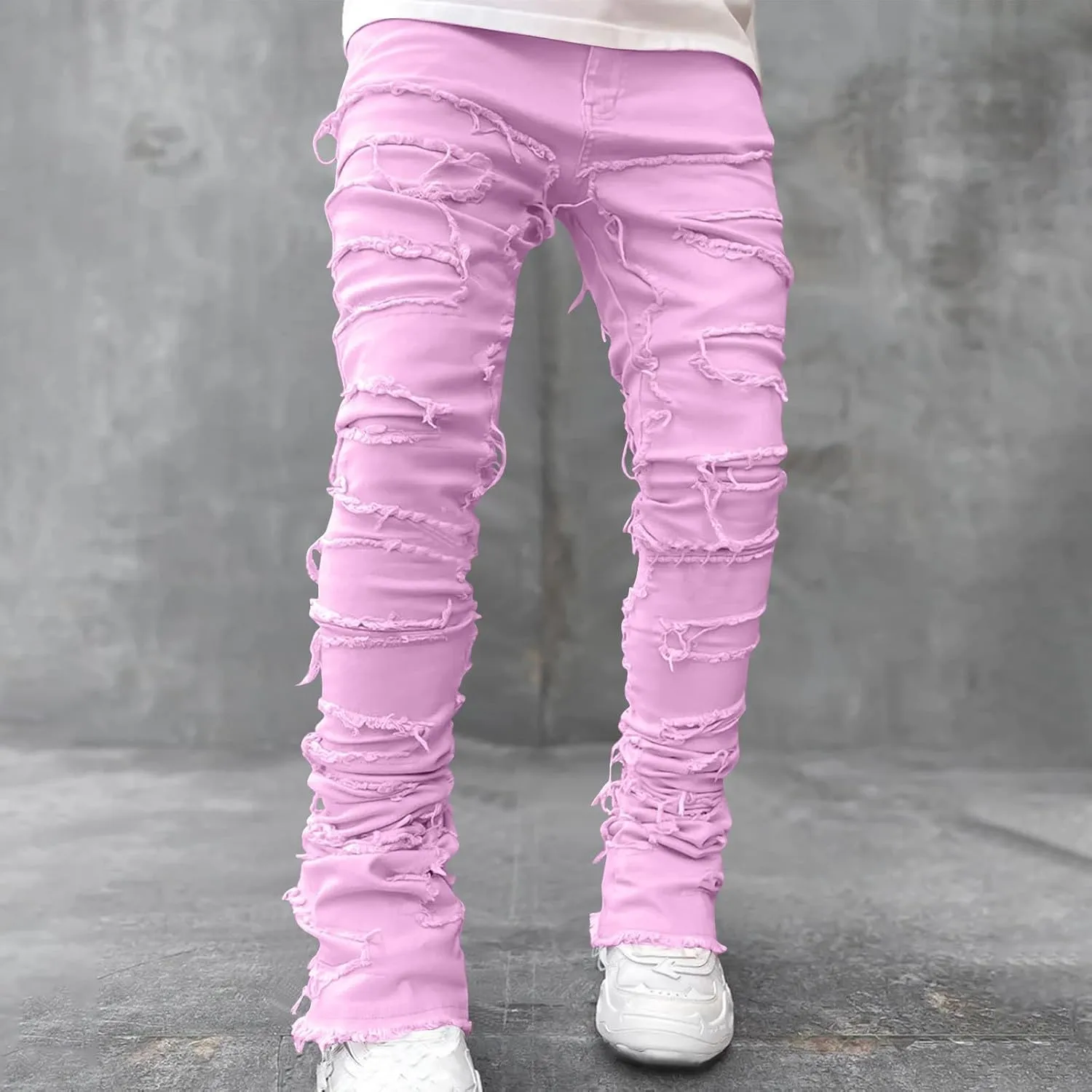 Men's Ripped Distressed Destroyed Straight Fit Skinny Stretchy Slim Fit Stacked Hip Hop Trousers Fashion Streetwear