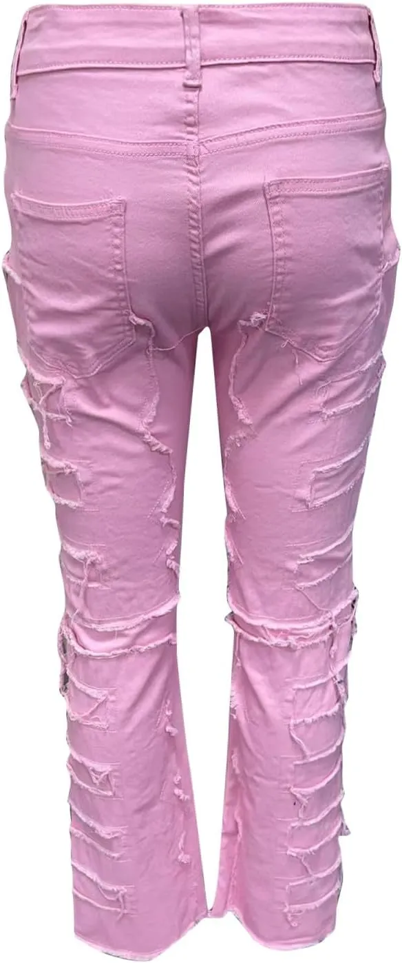 Men's Ripped Distressed Destroyed Straight Fit Skinny Stretchy Slim Fit Stacked Hip Hop Trousers Fashion Streetwear