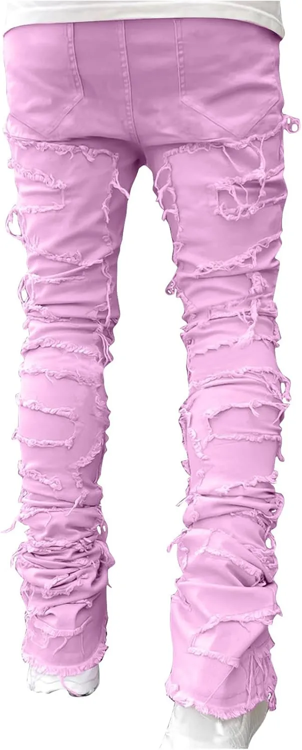 Men's Ripped Distressed Destroyed Straight Fit Skinny Stretchy Slim Fit Stacked Hip Hop Trousers Fashion Streetwear