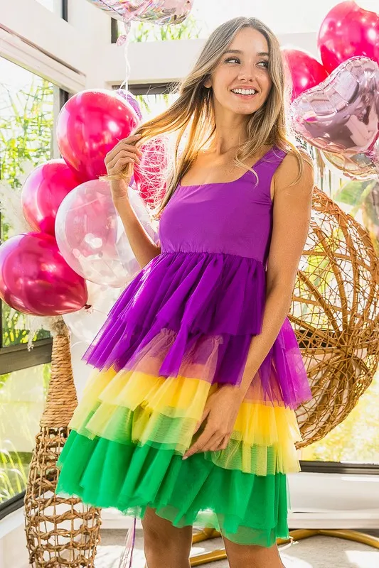 Mustard Mardi Gras Color Block Layered Mesh Tiered Dress