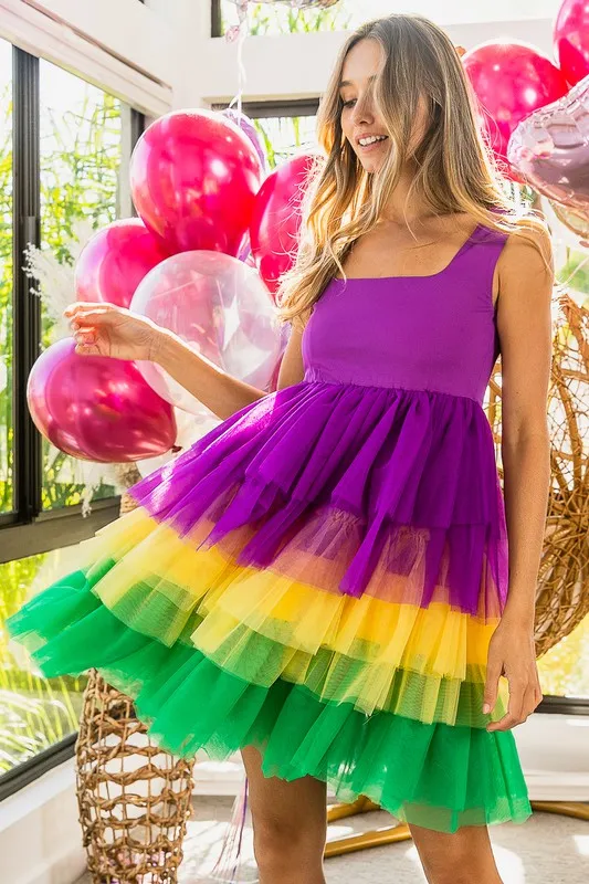 Mustard Mardi Gras Color Block Layered Mesh Tiered Dress