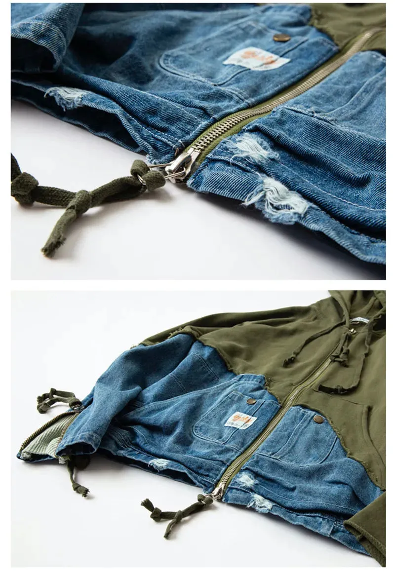 NEW ERENEJ Spliced Color Block Denim Hoodie