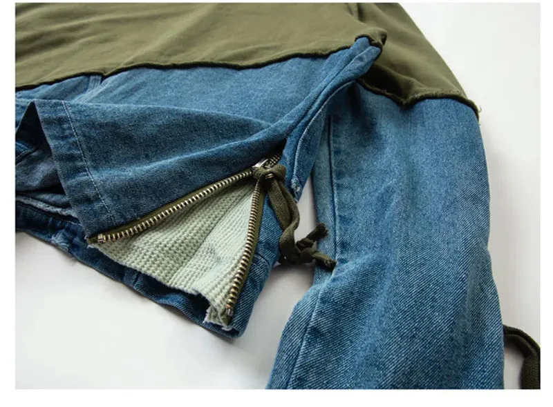 NEW ERENEJ Spliced Color Block Denim Hoodie