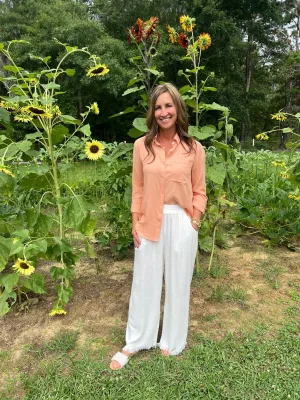 No Excuse White Linen Blend Elastic Waist Wide Leg Pants