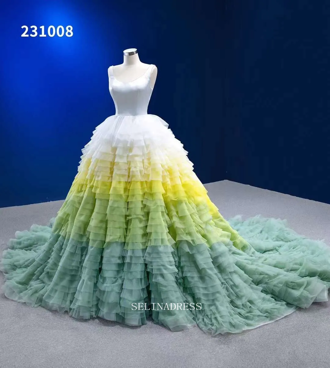 Ombre Ball Gown Scoop Neck Lace Up Bridal Gowns Multilayer Evening Dresses RSM231008