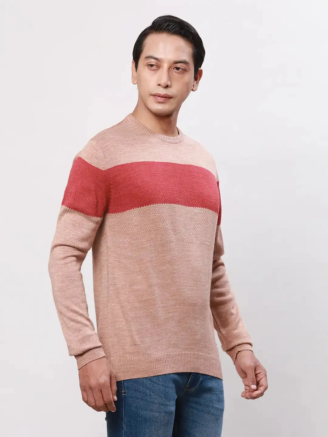 Park Avenue Men Orange Stripe Regular Acrylic Full Sleeve V Neck Sweaters