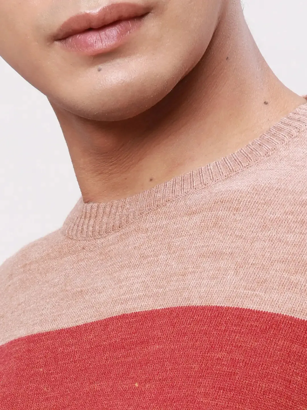 Park Avenue Men Orange Stripe Regular Acrylic Full Sleeve V Neck Sweaters