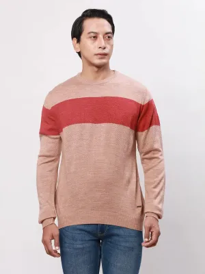 Park Avenue Men Orange Stripe Regular Acrylic Full Sleeve V Neck Sweaters