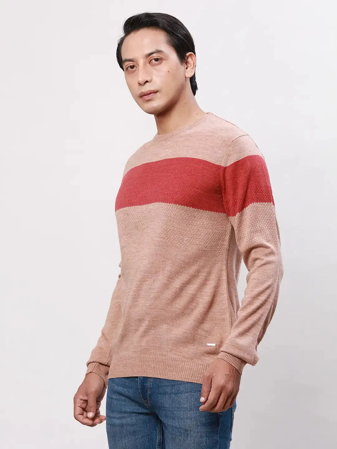Park Avenue Men Orange Stripe Regular Acrylic Full Sleeve V Neck Sweaters