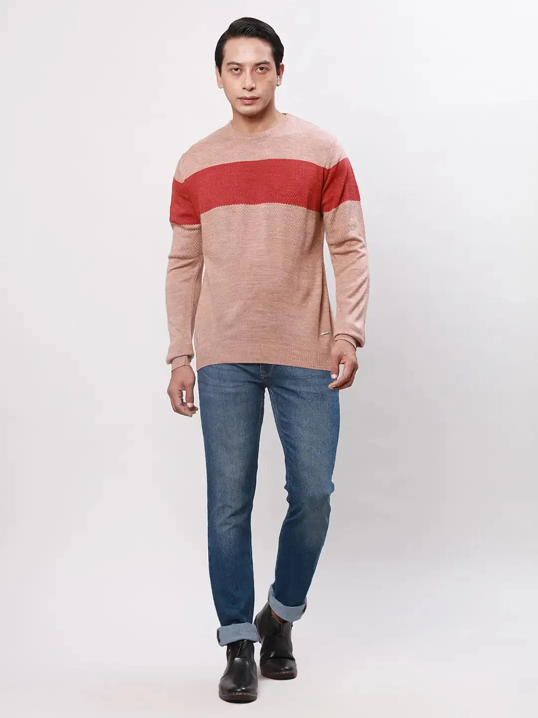 Park Avenue Men Orange Stripe Regular Acrylic Full Sleeve V Neck Sweaters