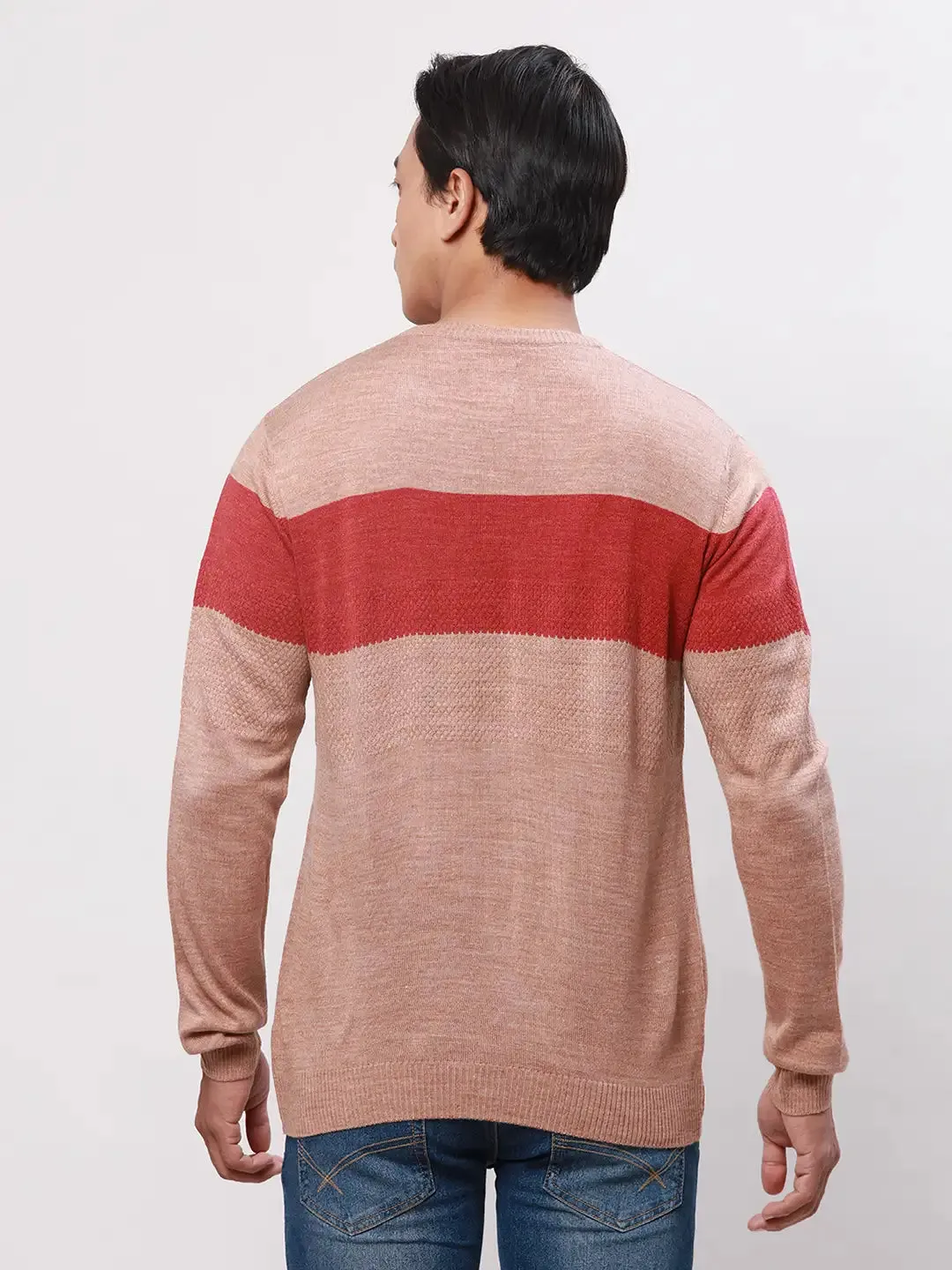 Park Avenue Men Orange Stripe Regular Acrylic Full Sleeve V Neck Sweaters
