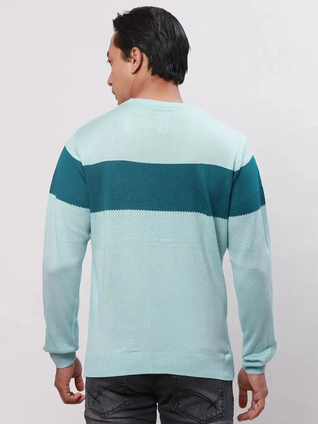 Park Avenue Men Petrol Stripe Regular Acrylic Full Sleeve V Neck Sweaters