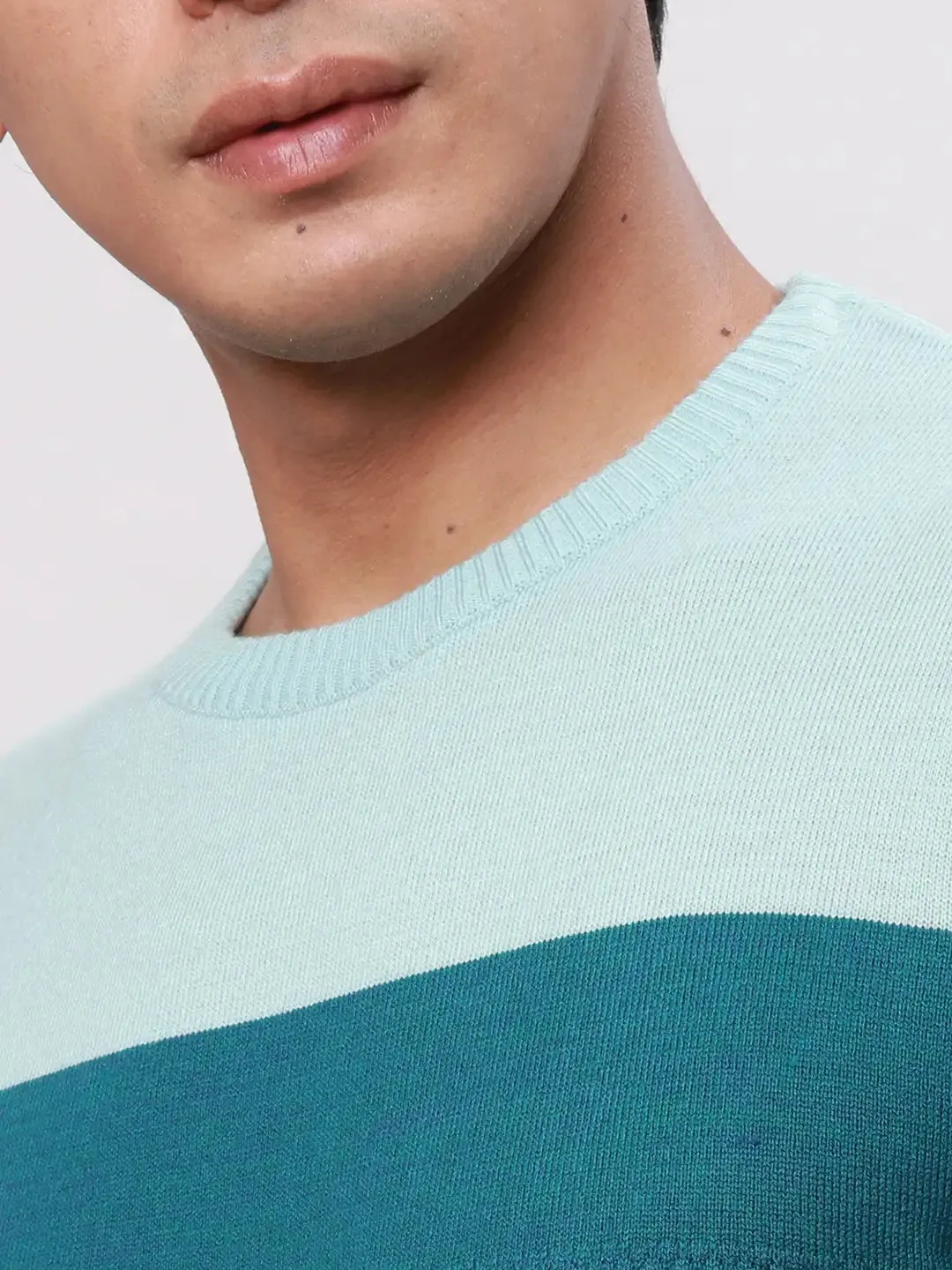 Park Avenue Men Petrol Stripe Regular Acrylic Full Sleeve V Neck Sweaters