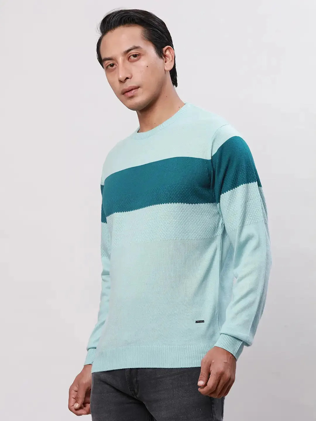 Park Avenue Men Petrol Stripe Regular Acrylic Full Sleeve V Neck Sweaters