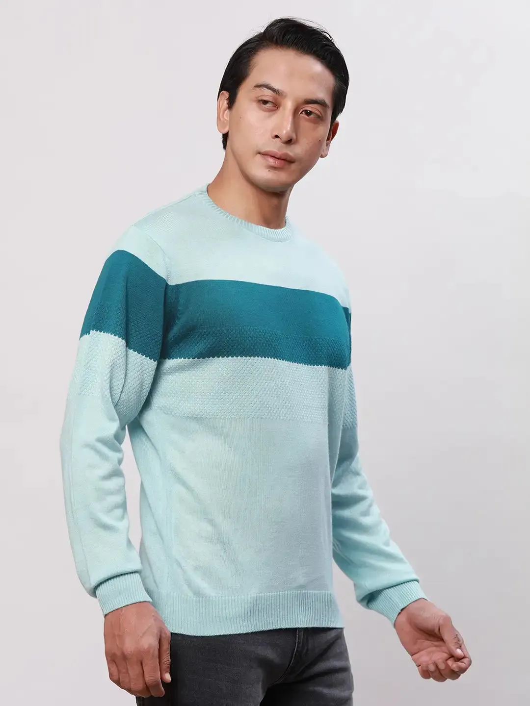 Park Avenue Men Petrol Stripe Regular Acrylic Full Sleeve V Neck Sweaters