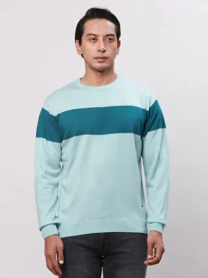 Park Avenue Men Petrol Stripe Regular Acrylic Full Sleeve V Neck Sweaters