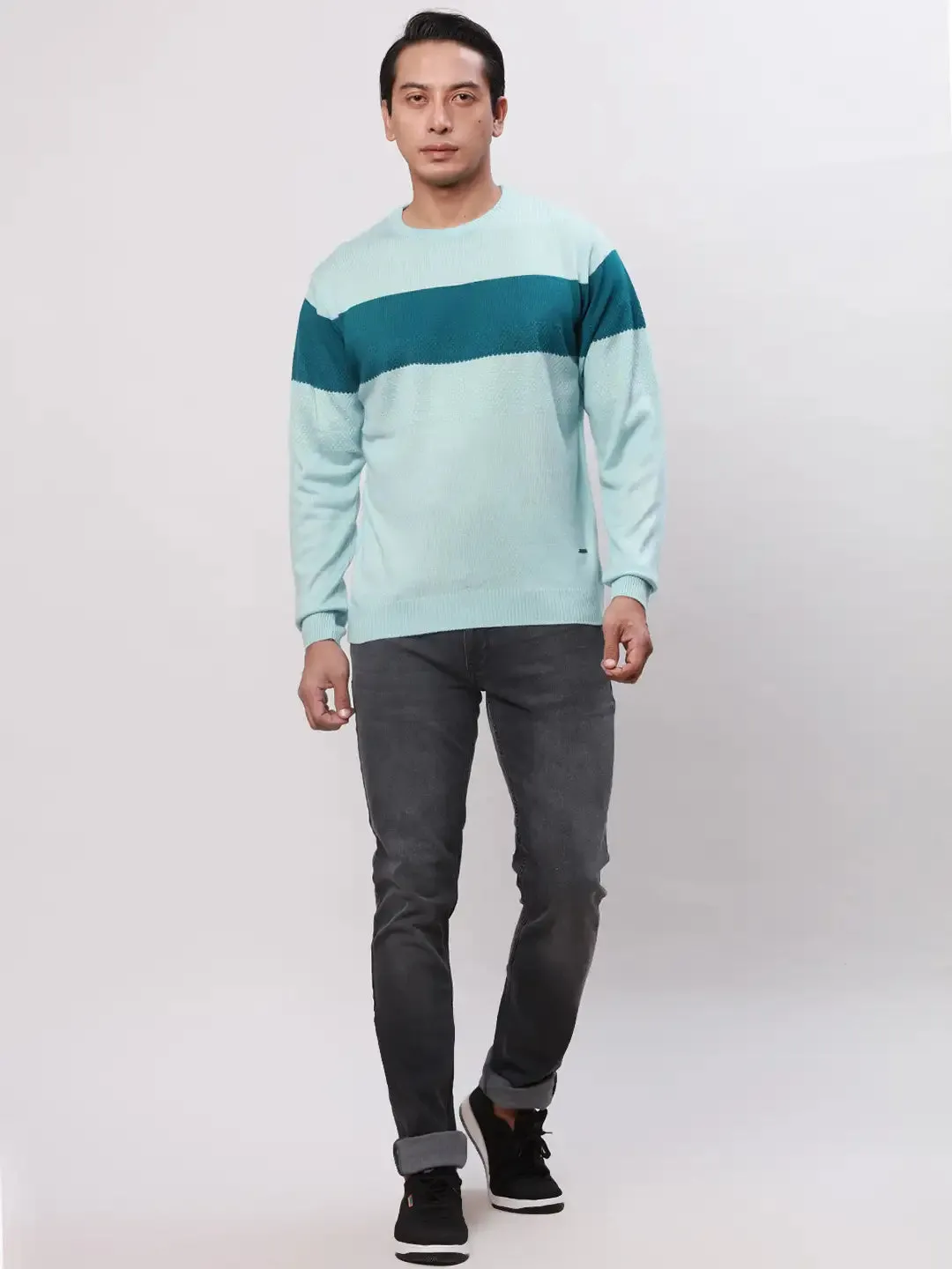 Park Avenue Men Petrol Stripe Regular Acrylic Full Sleeve V Neck Sweaters