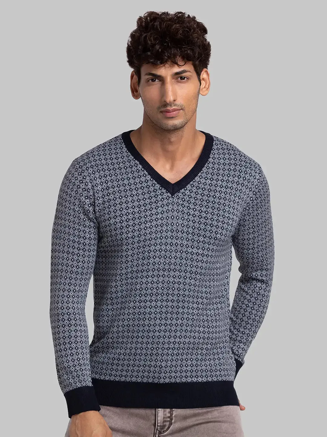 Parx Men Blue Jacquard Acrylic Full Sleeve V Neck Sweaters