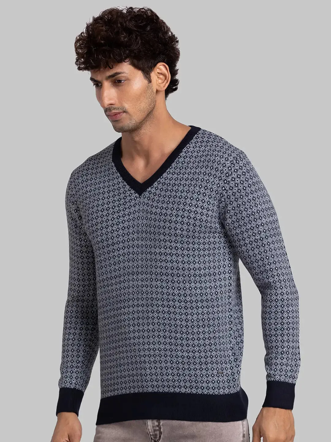 Parx Men Blue Jacquard Acrylic Full Sleeve V Neck Sweaters