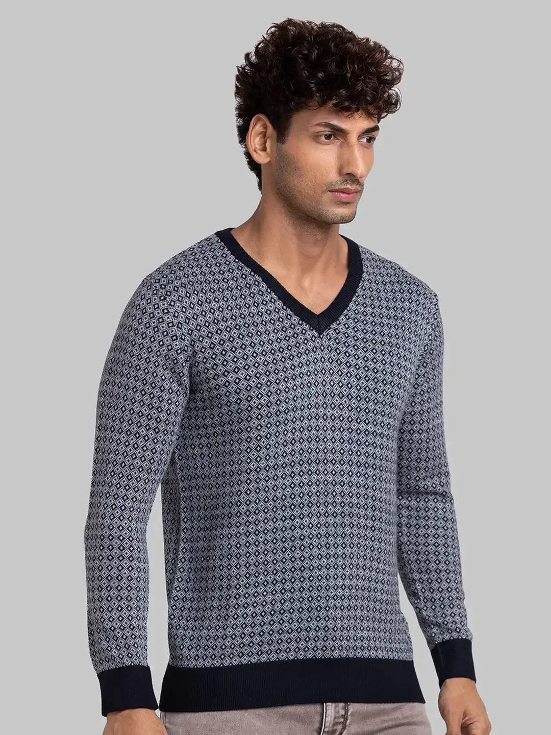 Parx Men Blue Jacquard Acrylic Full Sleeve V Neck Sweaters