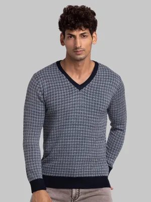Parx Men Blue Jacquard Acrylic Full Sleeve V Neck Sweaters