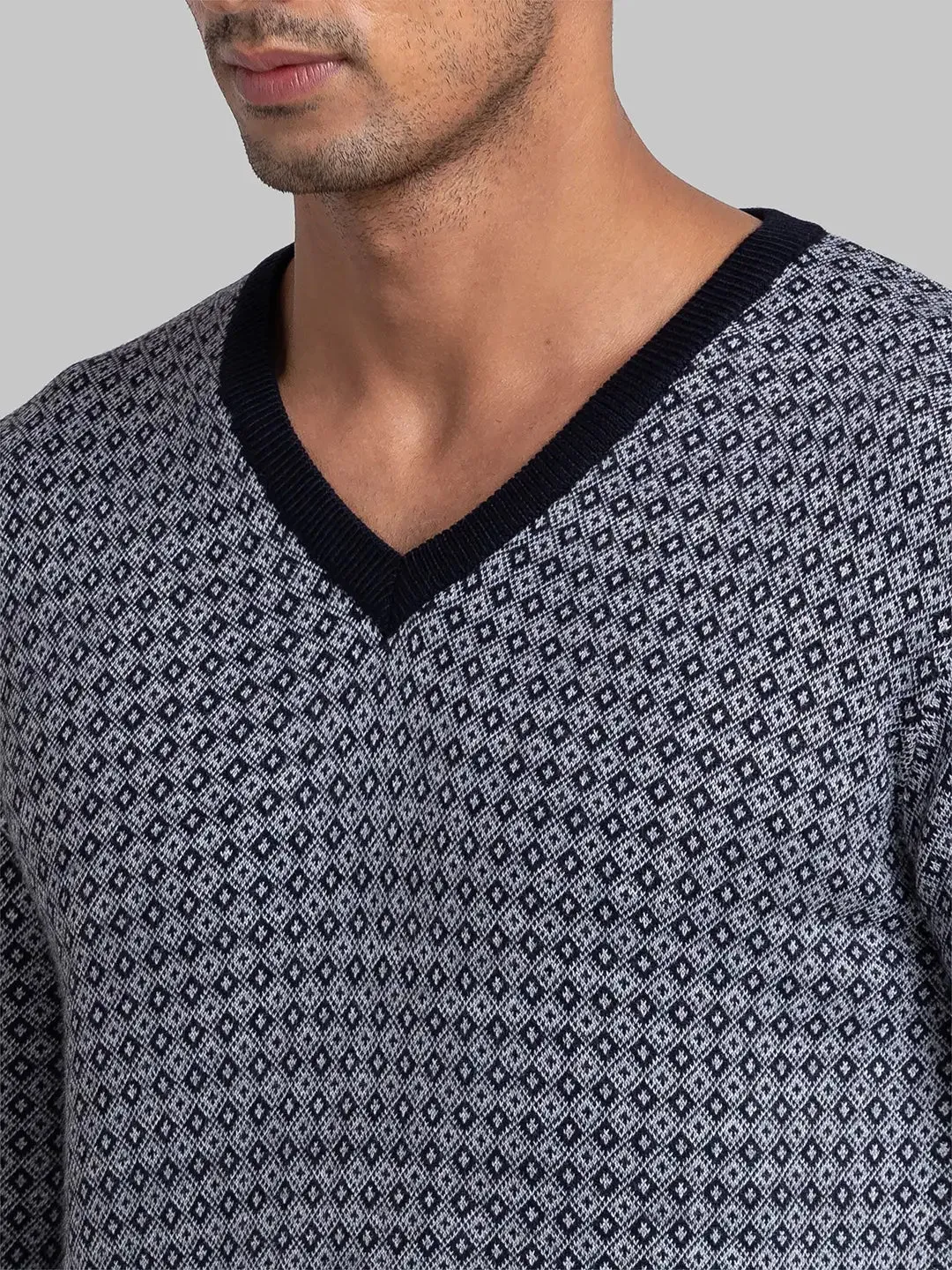 Parx Men Blue Jacquard Acrylic Full Sleeve V Neck Sweaters