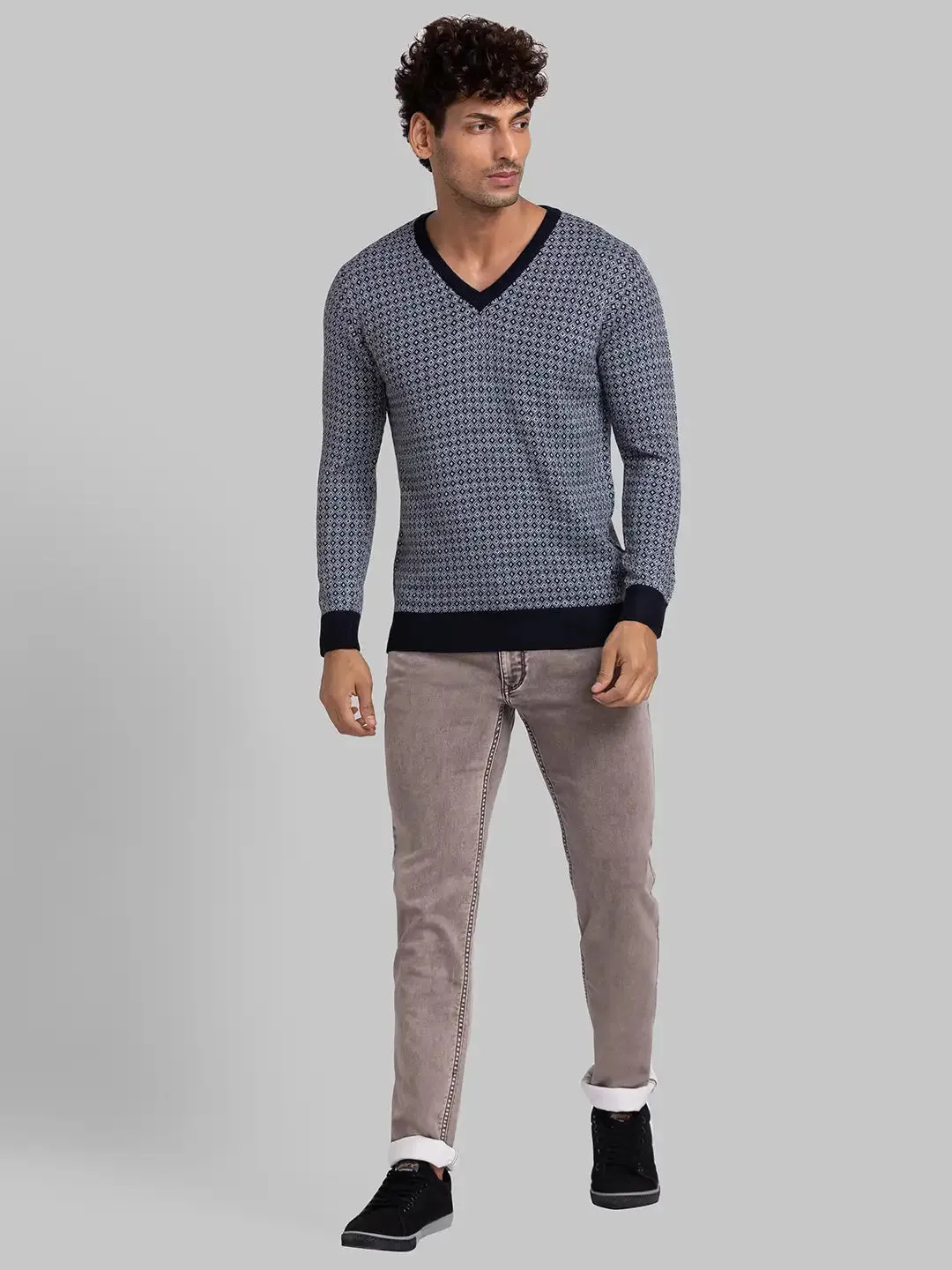 Parx Men Blue Jacquard Acrylic Full Sleeve V Neck Sweaters