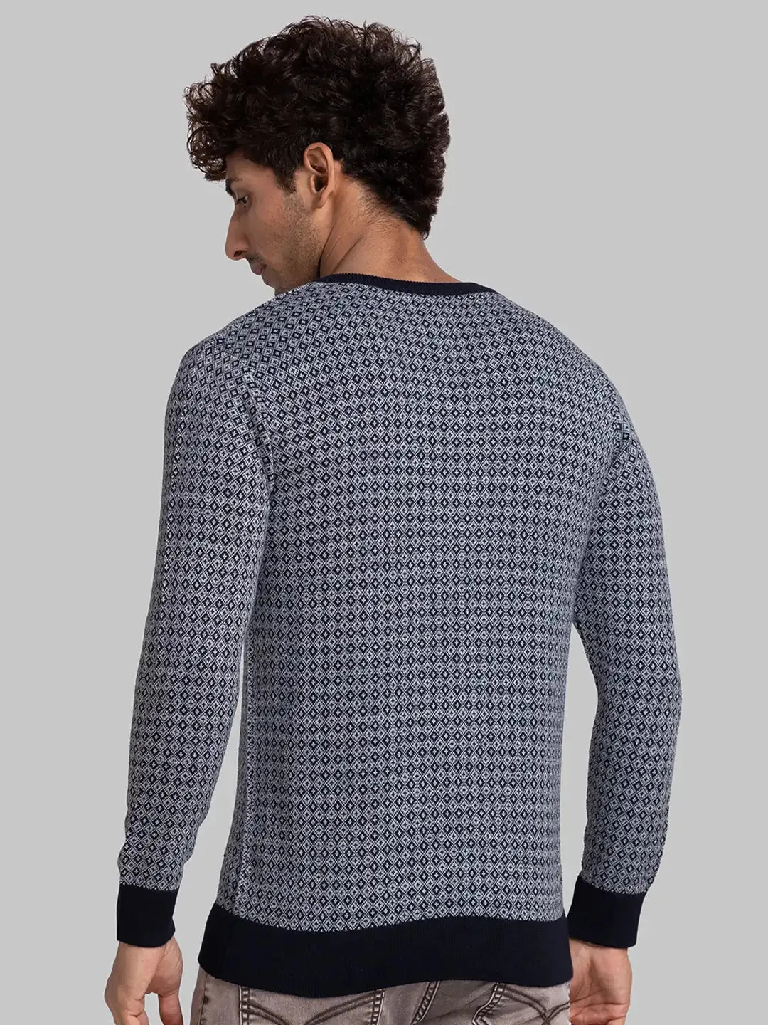 Parx Men Blue Jacquard Acrylic Full Sleeve V Neck Sweaters