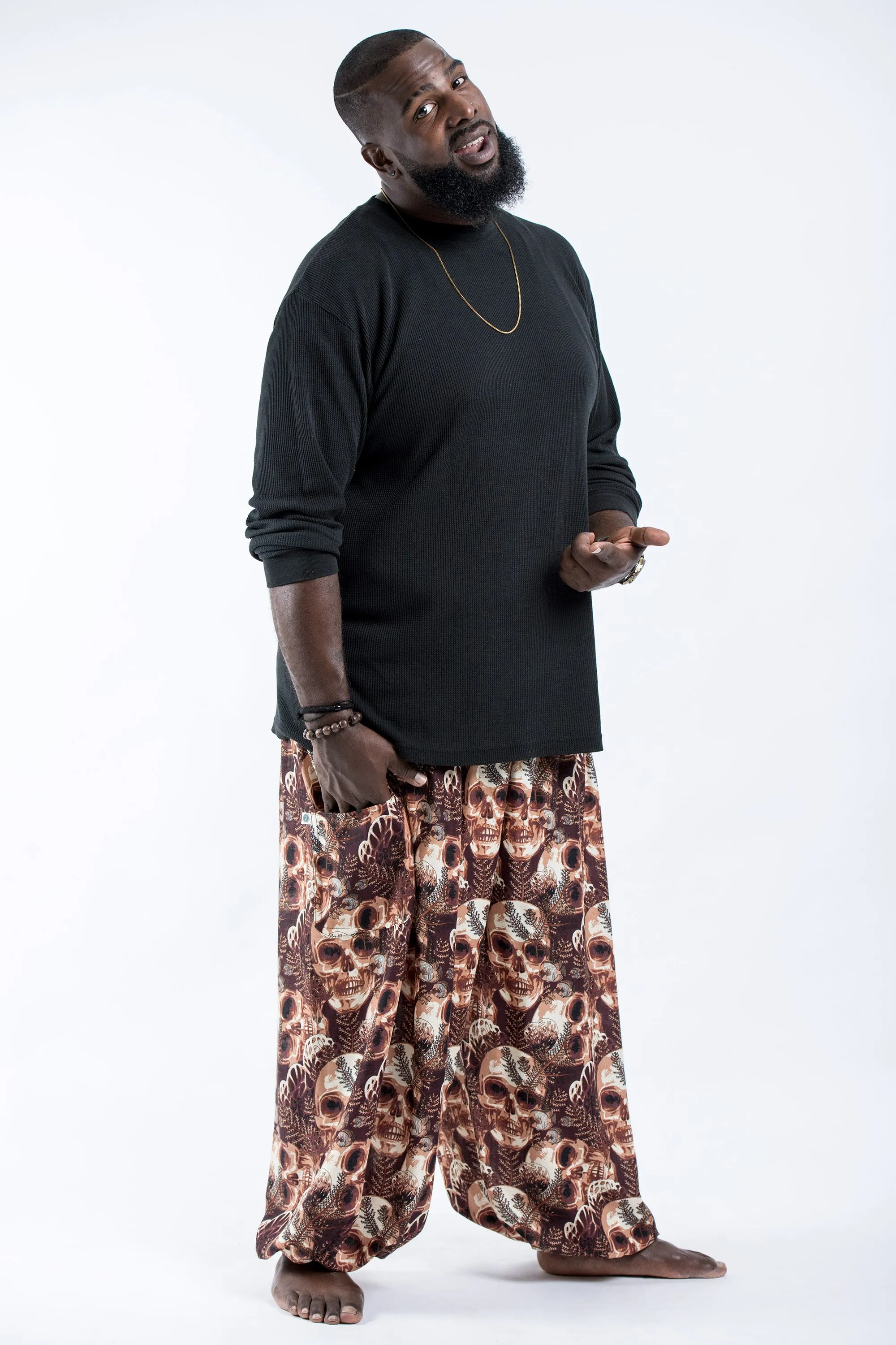 Plus Size Skulls Men's Harem Pants in Brown