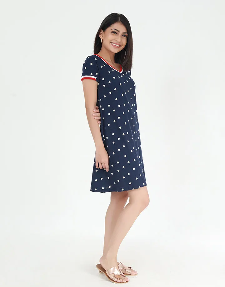 Polka Dotted V-Neck T-Shirt Dress