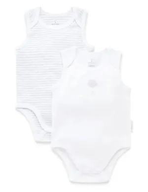 Purebaby Organic 2 Pack Singlet Bodysuit - White/Pale Grey Melange Stripe