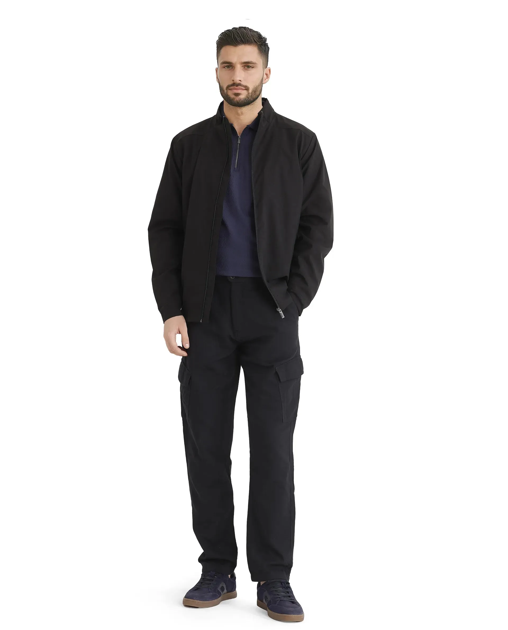 Rare Rabbit Men Presso-25 Black Cotton Elastane Fabric Button And Zip Closure Relaxed Fit Plain Trouser