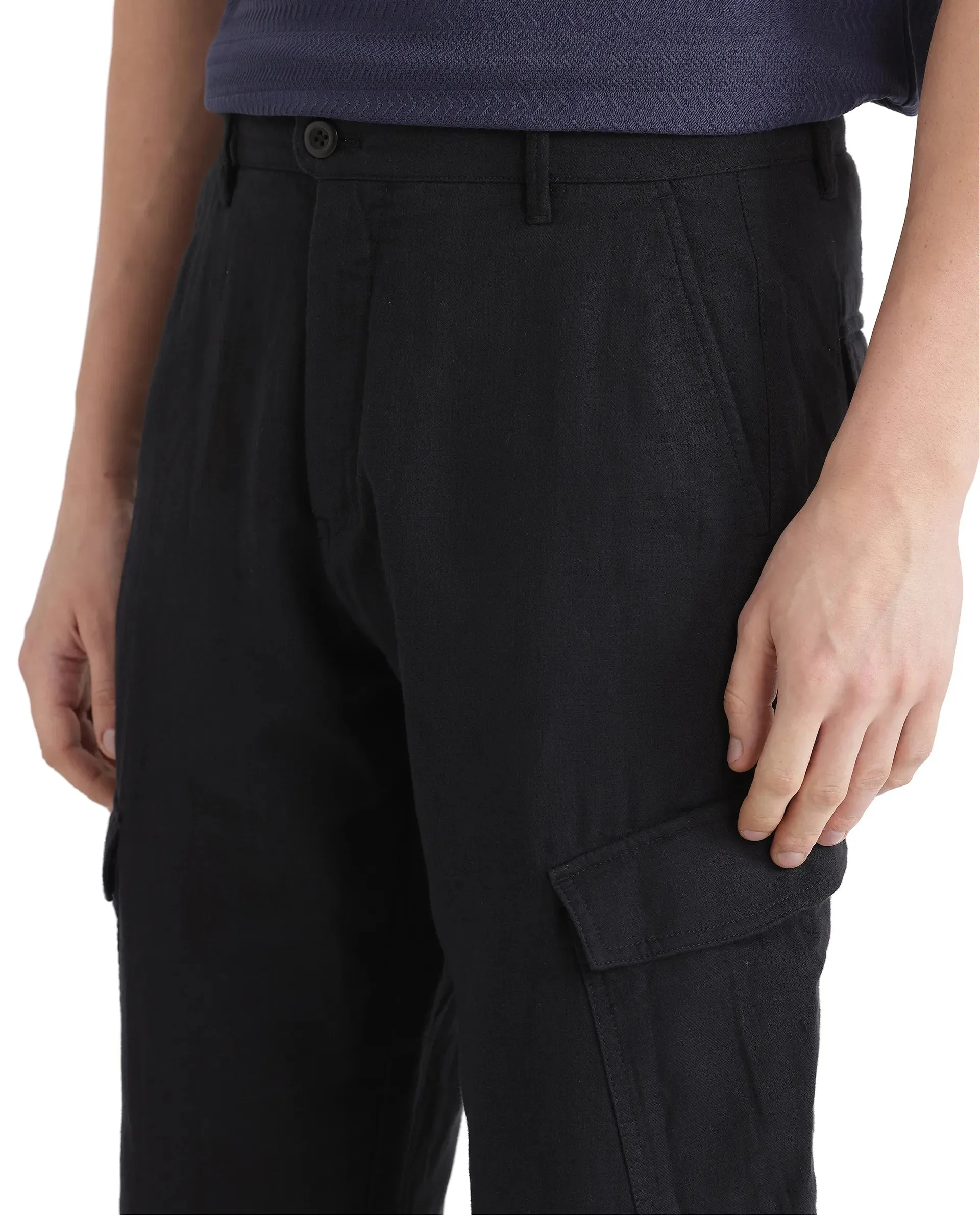 Rare Rabbit Men Presso-25 Black Cotton Elastane Fabric Button And Zip Closure Relaxed Fit Plain Trouser