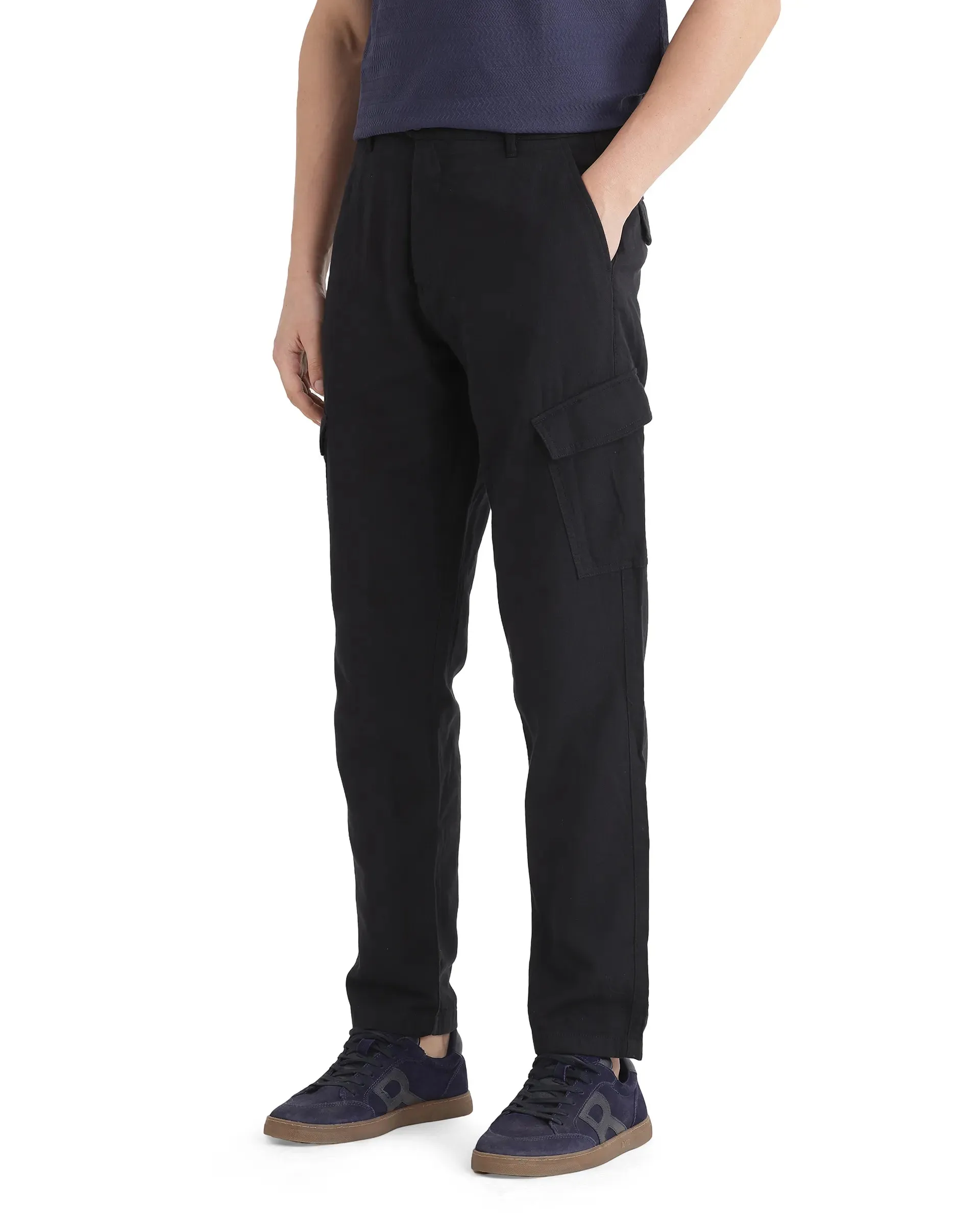 Rare Rabbit Men Presso-25 Black Cotton Elastane Fabric Button And Zip Closure Relaxed Fit Plain Trouser
