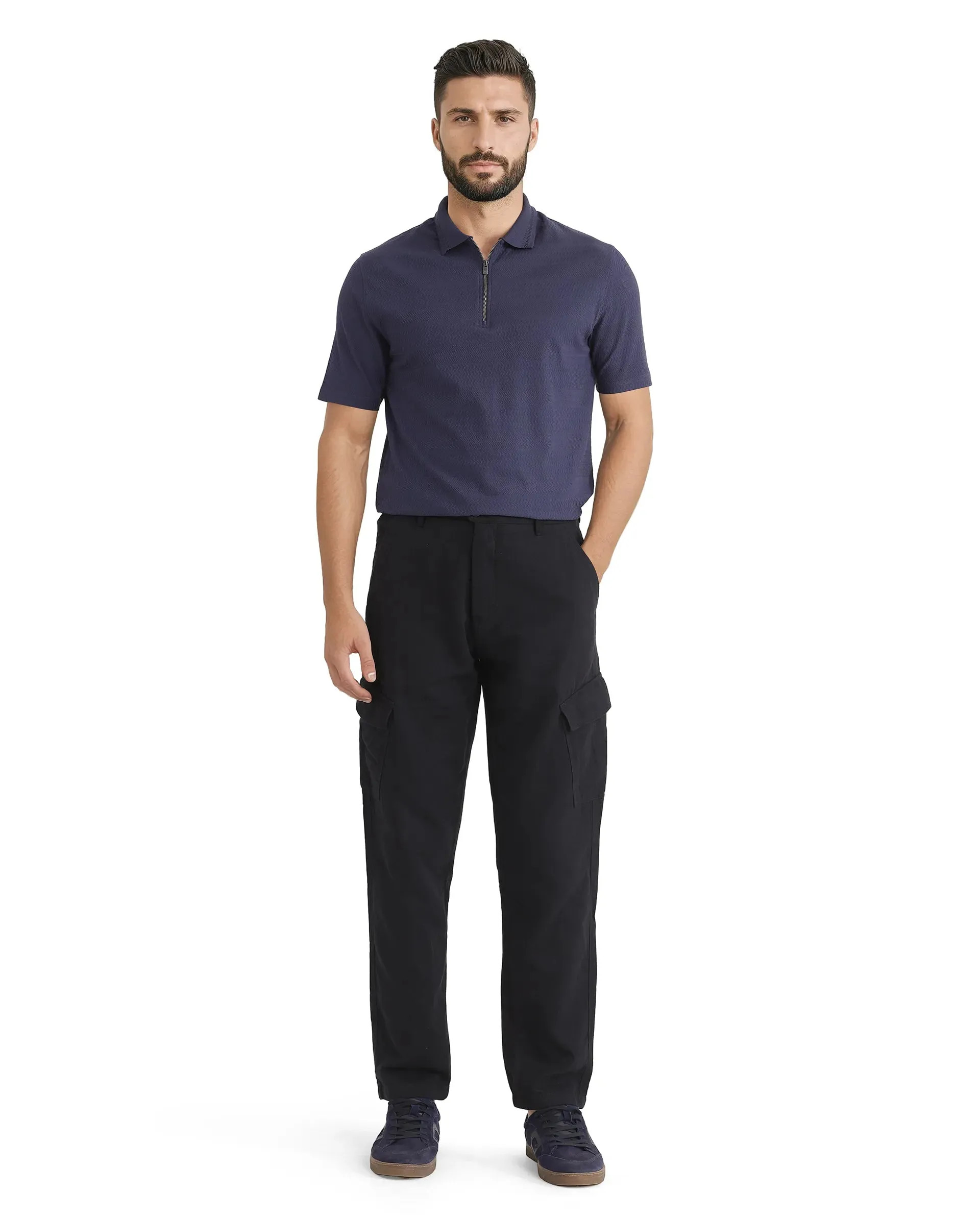Rare Rabbit Men Presso-25 Black Cotton Elastane Fabric Button And Zip Closure Relaxed Fit Plain Trouser