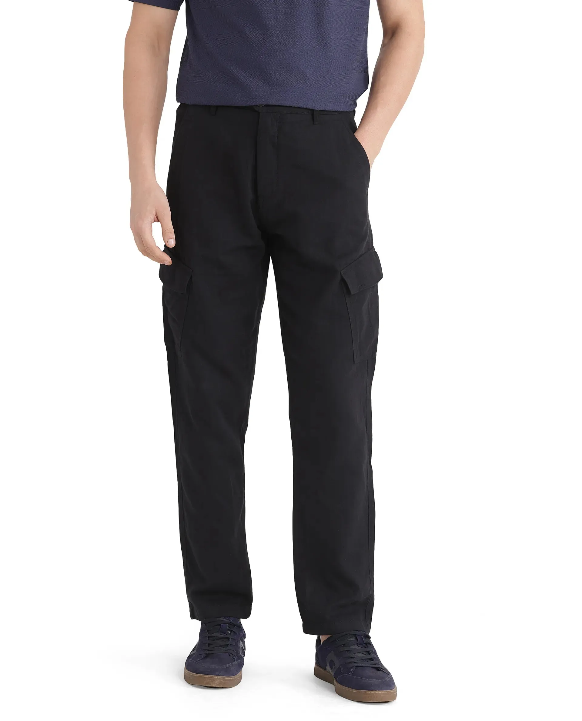 Rare Rabbit Men Presso-25 Black Cotton Elastane Fabric Button And Zip Closure Relaxed Fit Plain Trouser