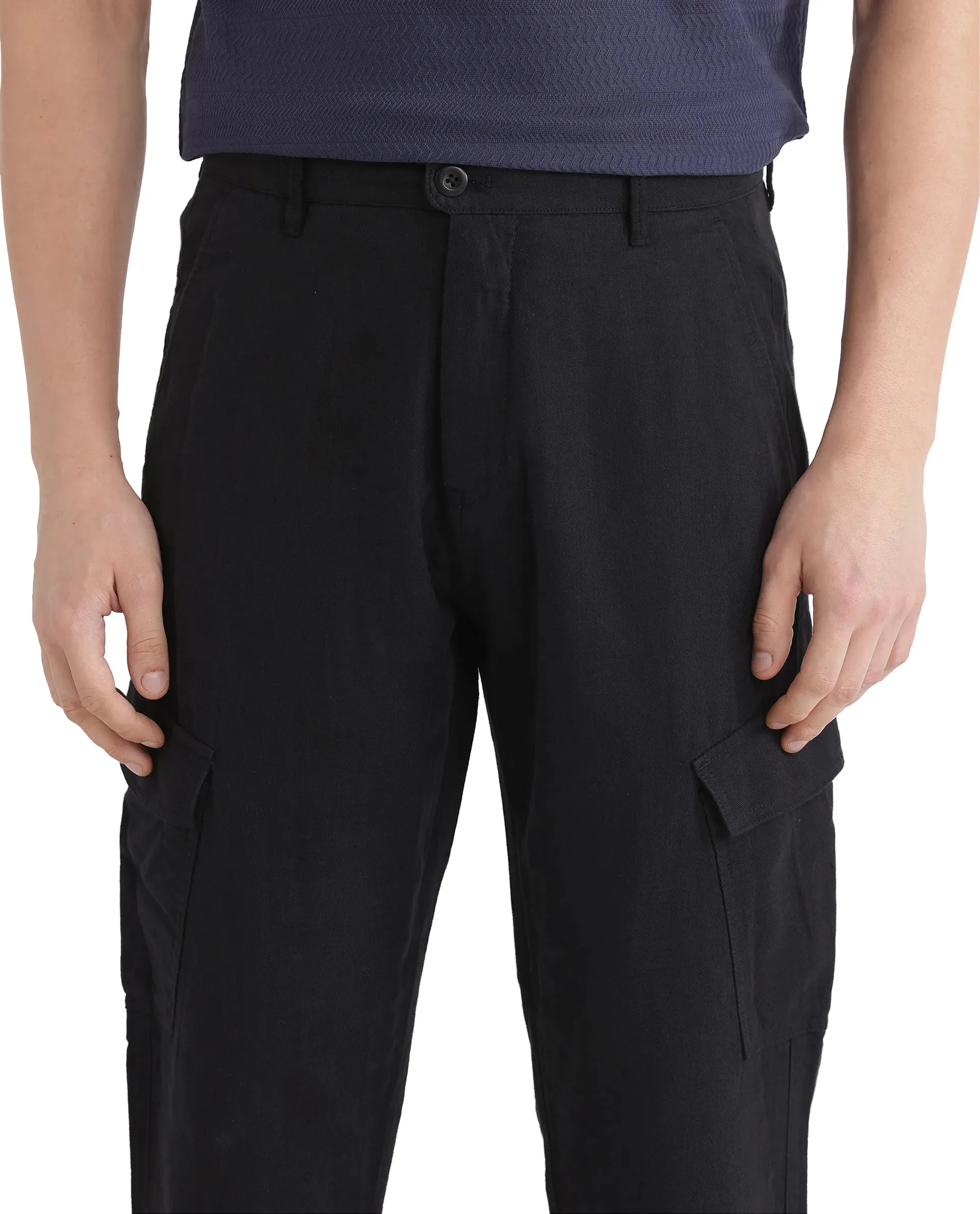 Rare Rabbit Men Presso-25 Black Cotton Elastane Fabric Button And Zip Closure Relaxed Fit Plain Trouser
