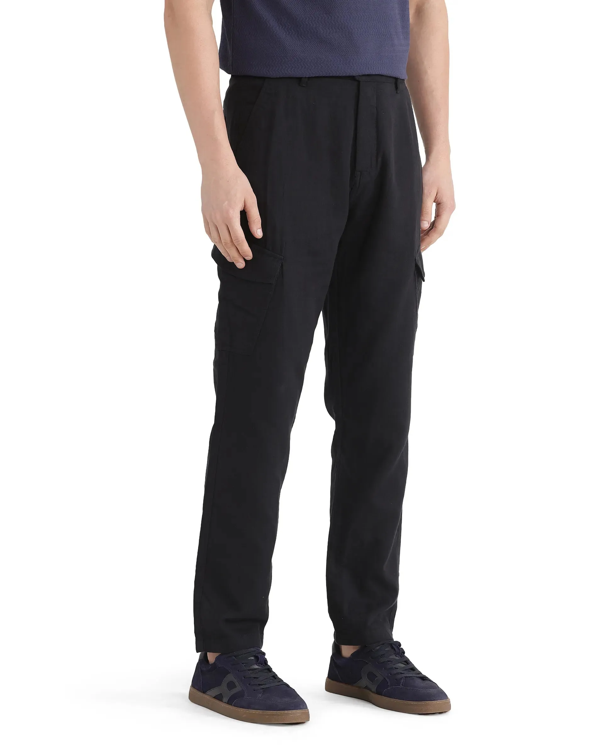Rare Rabbit Men Presso-25 Black Cotton Elastane Fabric Button And Zip Closure Relaxed Fit Plain Trouser
