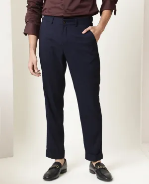 Rare Rabbit Men's Glade Dark Navy Solid Mid-Rise Regular Fit Trouser