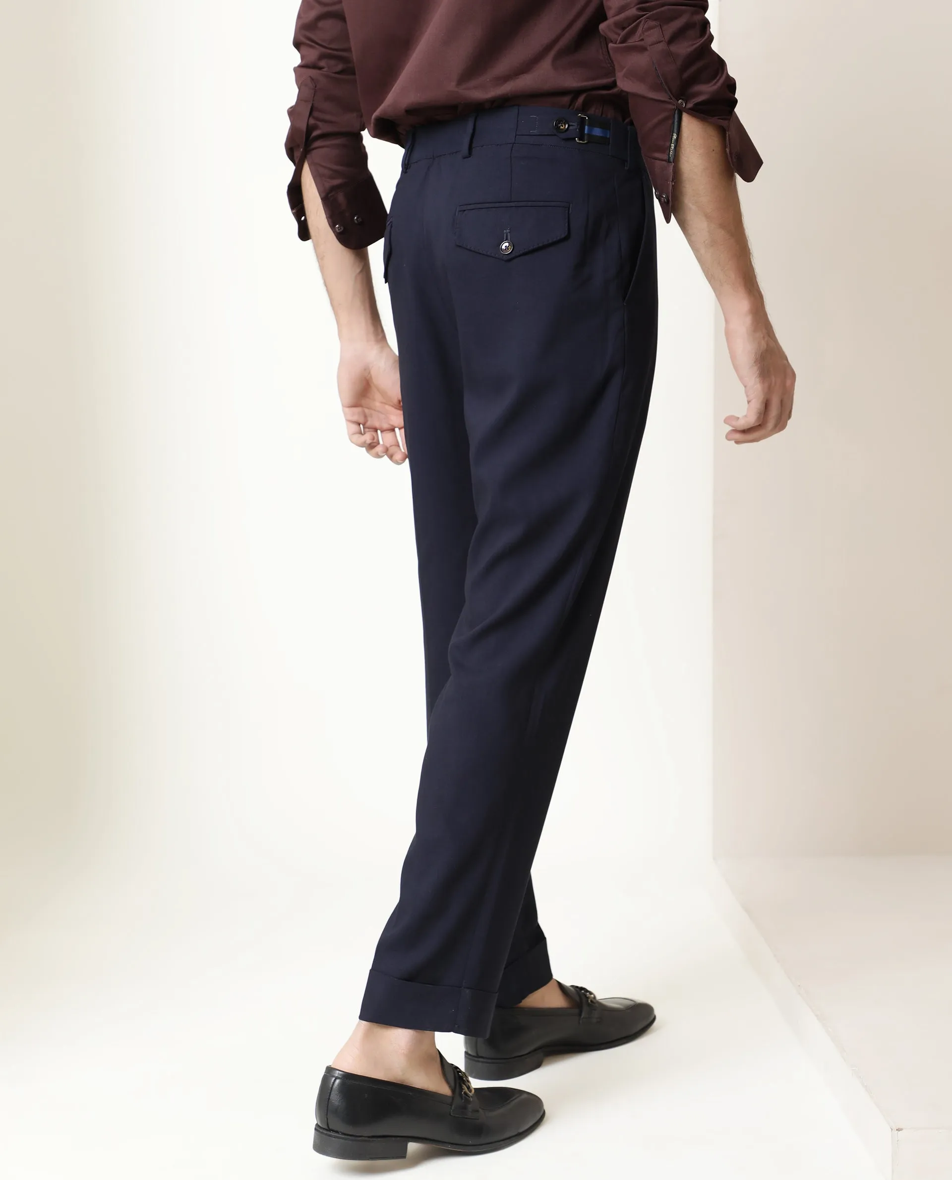 Rare Rabbit Men's Glade Dark Navy Solid Mid-Rise Regular Fit Trouser