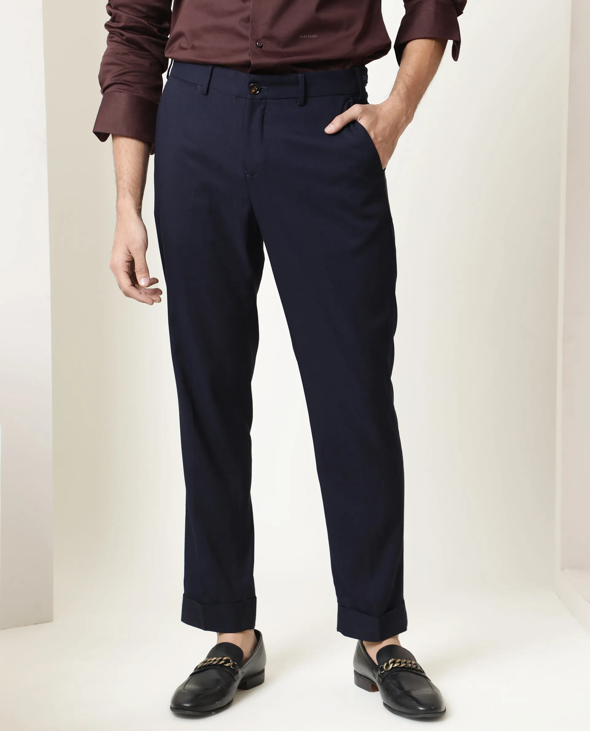 Rare Rabbit Men's Glade Dark Navy Solid Mid-Rise Regular Fit Trouser
