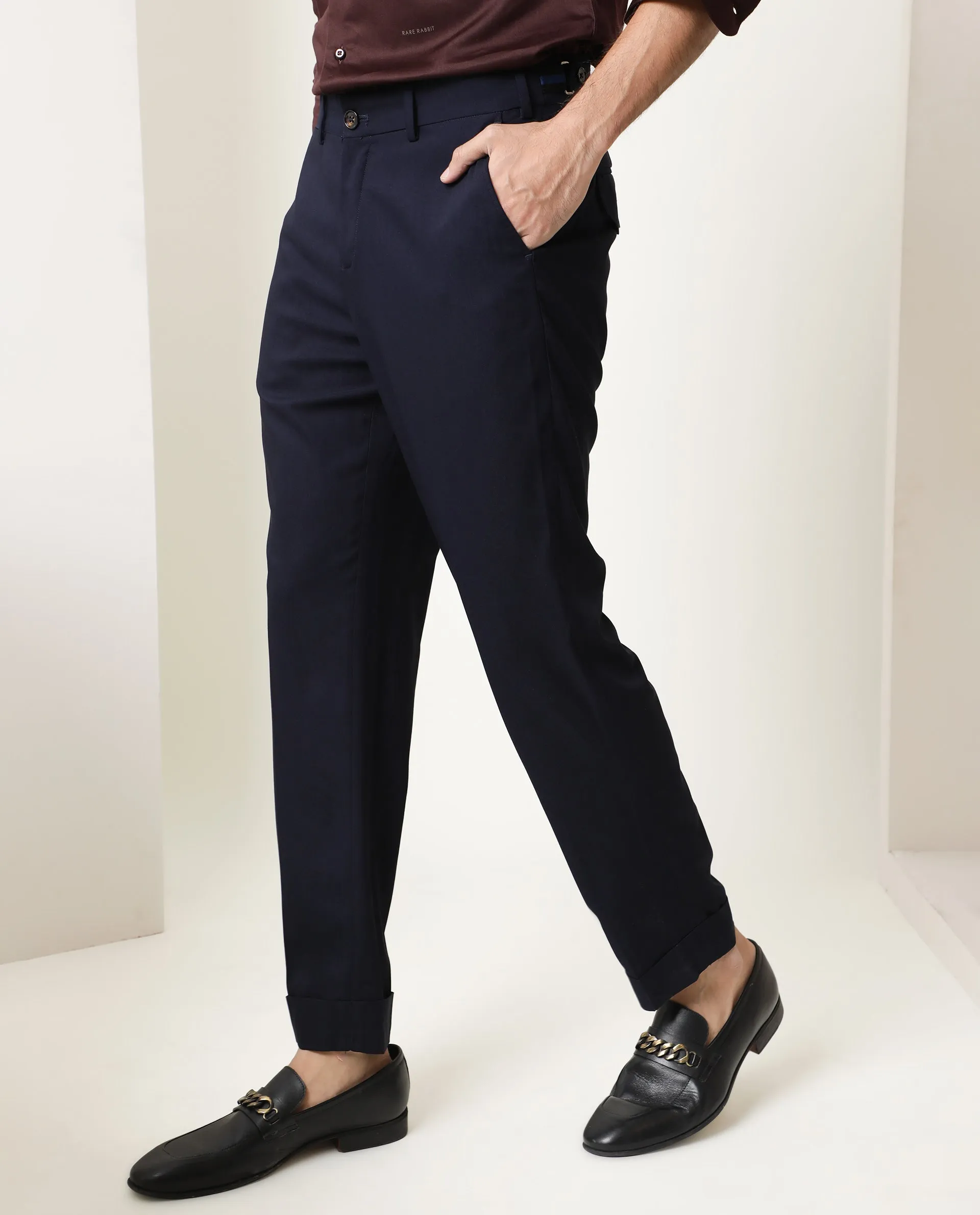 Rare Rabbit Men's Glade Dark Navy Solid Mid-Rise Regular Fit Trouser
