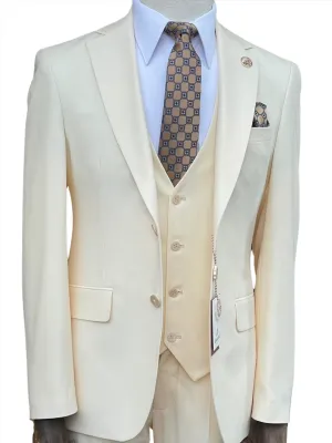 Romaster Mens Solid Cream Slim Fit Stretch Wool Blend 3 Piece Suit