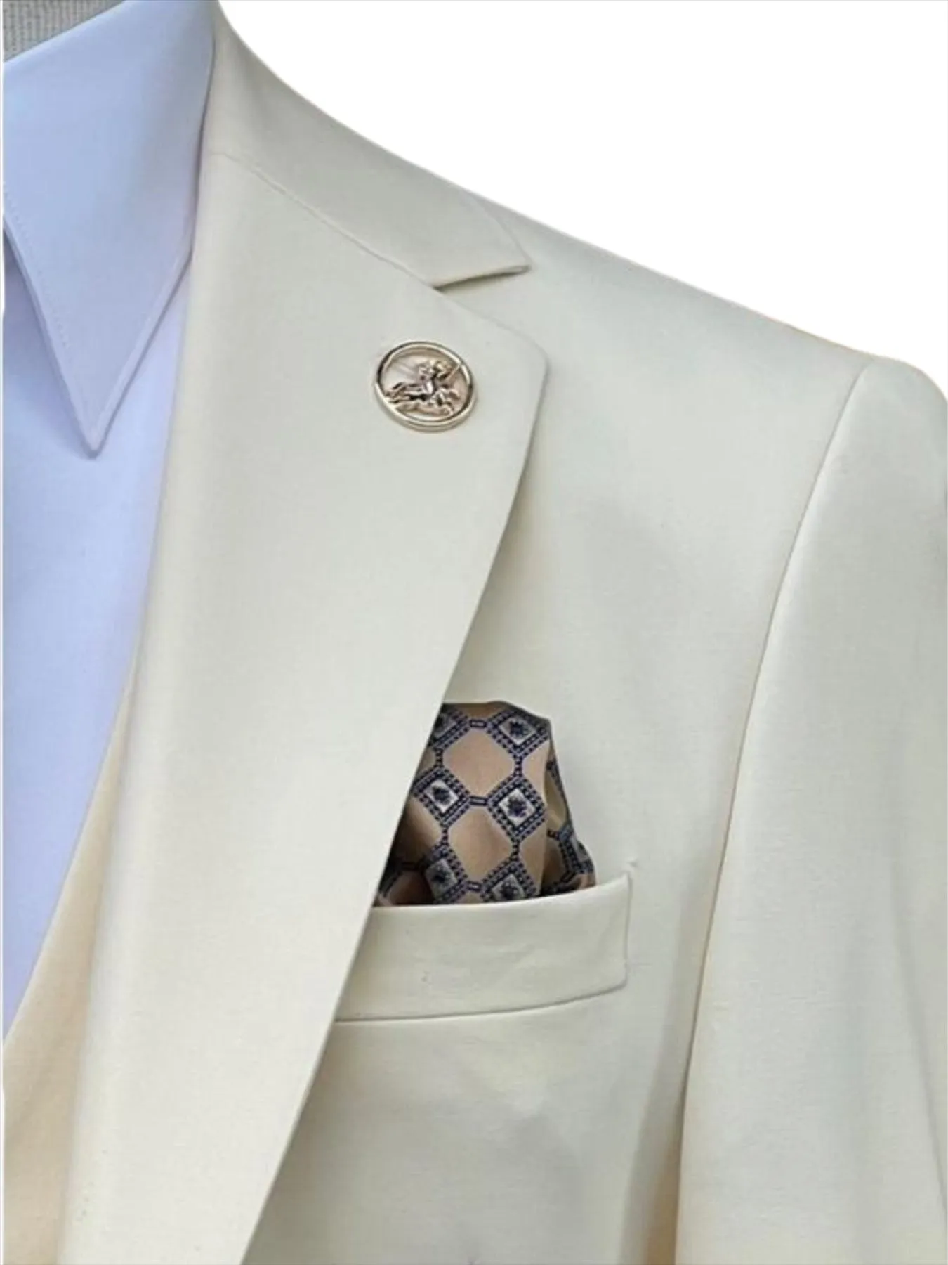 Romaster Mens Solid Cream Slim Fit Stretch Wool Blend 3 Piece Suit