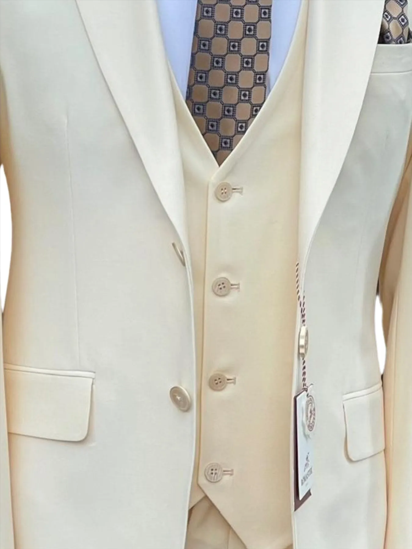 Romaster Mens Solid Cream Slim Fit Stretch Wool Blend 3 Piece Suit