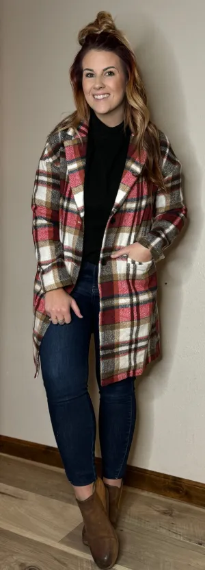 Soft Red Plaid Button Up Jacket